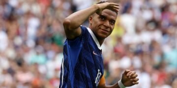 Kylian Mbappé celebrating one of his two goals against England at the World Cup 2026 third-place play-off in Miami.
