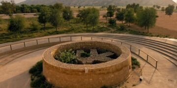 An ancient Bronze Age tomb structure at Mleiha National Park in Sharjah, set against a desert backdrop and rocky mountains.