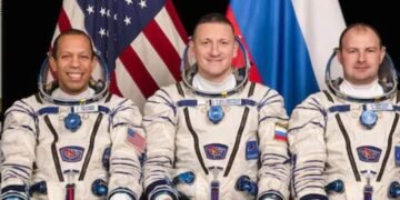 Soyuz MS-28 spacecraft landing safely in the Kazakh steppe after returning from the International Space Station.