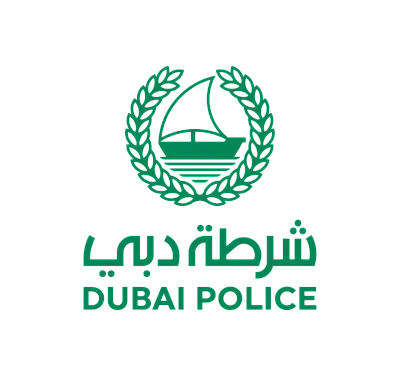 Dubai Police logo and security personnel at Dubai International Airport transit terminal