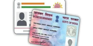 Indian expat reviewing tax documents and checking PAN card status online on a laptop.