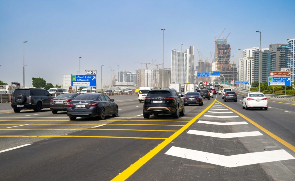 Overhead view of expanded traffic lanes on Al Khail Road in Dubai