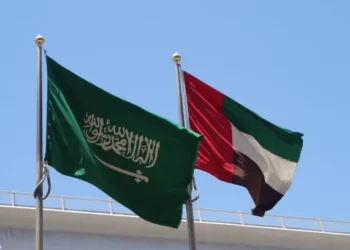 Flags of the United Arab Emirates and the Kingdom of Saudi Arabia flying together.