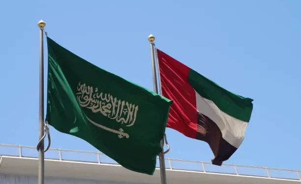 Flags of the United Arab Emirates and the Kingdom of Saudi Arabia flying together.