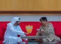 King Hamad bin Isa Al Khalifa receiving Sheikh Hamdan bin Mohammed bin Rashid Al Maktoum during the Bahrain Shield joint military exercise in Manama.