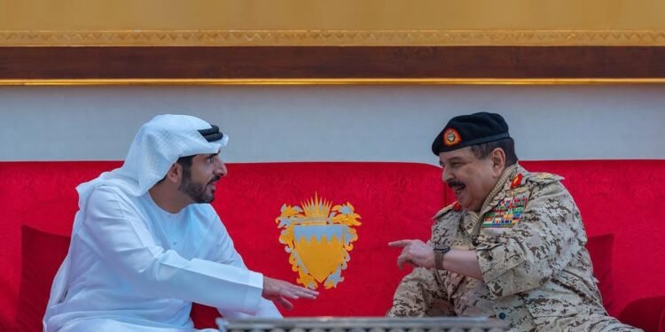 King Hamad bin Isa Al Khalifa receiving Sheikh Hamdan bin Mohammed bin Rashid Al Maktoum during the Bahrain Shield joint military exercise in Manama.