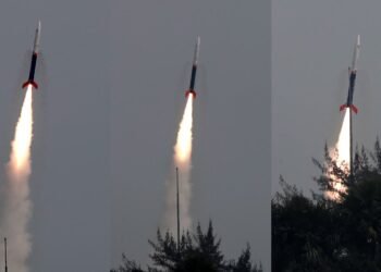 The Vikram-S rocket developed by Skyroot Aerospace lifting off from the Satish Dhawan Space Centre launchpad in Sriharikota.
