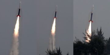 The Vikram-S rocket developed by Skyroot Aerospace lifting off from the Satish Dhawan Space Centre launchpad in Sriharikota.