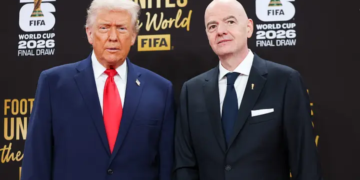 The FIFA World Cup trophy displayed ahead of the grand final match.