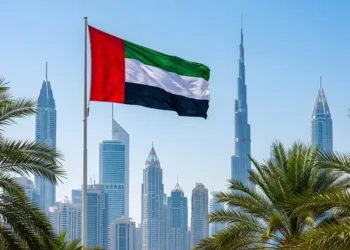 Sun shining brightly over the modern skyline of the United Arab Emirates during a hot summer day
