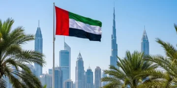 Sun shining brightly over the modern skyline of the United Arab Emirates during a hot summer day