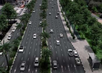Aerial view of the new 500-metre bridge connecting Dubai World Trade Centre to Al Mustaqbal Street.