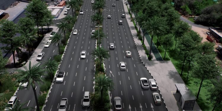 Aerial view of the new 500-metre bridge connecting Dubai World Trade Centre to Al Mustaqbal Street.