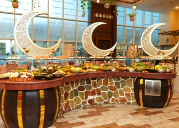 Healthy food setup in a modern hotel dining environment in Abu Dhabi.