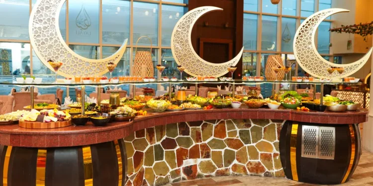 Healthy food setup in a modern hotel dining environment in Abu Dhabi.
