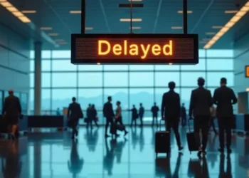 Departure board showing delayed and cancelled flights at a Gulf airport terminal