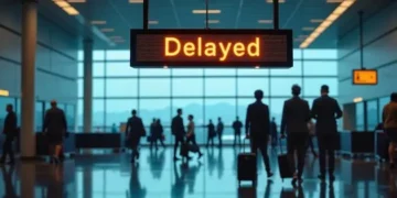 Departure board showing delayed and cancelled flights at a Gulf airport terminal