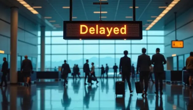 Departure board showing delayed and cancelled flights at a Gulf airport terminal