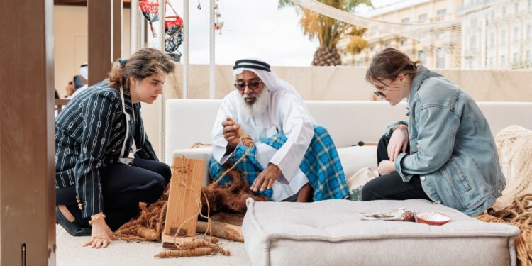 Traditional Emirati performers and artisans showcasing crafts at Manezhnaya Square in Moscow