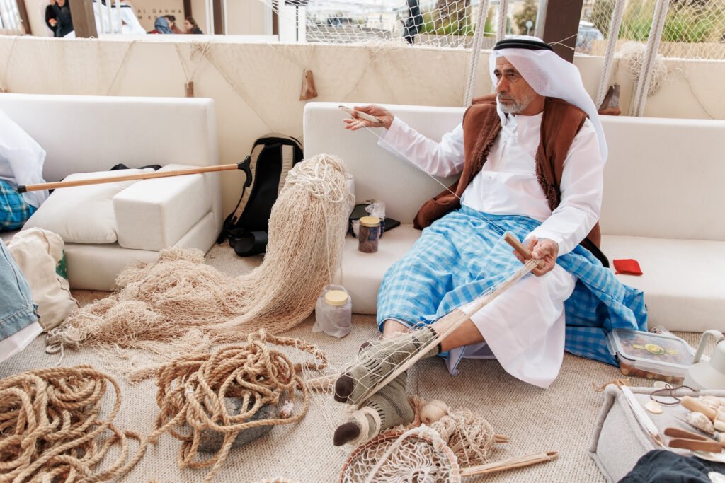 Traditional Emirati performers and artisans showcasing crafts at Manezhnaya Square in Moscow