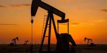 An oil pump jack operating at sunset representing global crude oil production and commodity trading