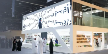 Visitors and exhibitors at the Abu Dhabi International Book Fair inside ADNEC halls