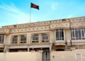 Bangladesh Embassy building in Abu Dhabi with the national flag flying high.