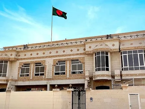 Bangladesh Embassy building in Abu Dhabi with the national flag flying high.