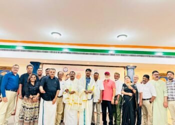 Presenting the Chiranthana Mohammed Rafi Award to Nawas Thekkada and Sreejish Sharada at Sharjah Indian Association Hall.