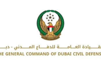 Dubai Civil Defence emergency vehicles parked near Sheikh Zayed Road during an emergency response.