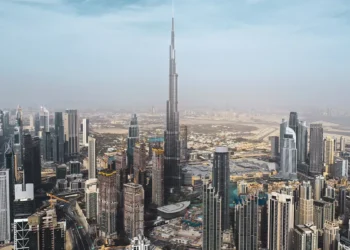 Sky view of residential buildings and skyline in Dubai, UAE