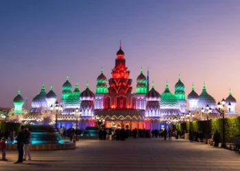 Exterior view of Global Village Dubai food stalls and dining area.