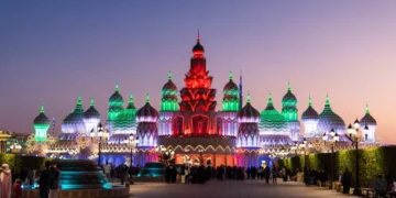 Exterior view of Global Village Dubai food stalls and dining area.