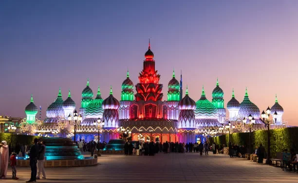 Exterior view of Global Village Dubai food stalls and dining area.