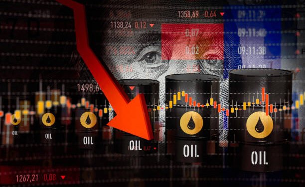Graphic displaying crude oil price tickers falling to $83.43 per barrel on global commodities trading screens