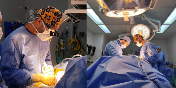 Spine surgeon evaluating 3D-printed custom surgical guide for scoliosis correction procedure in Dubai hospital