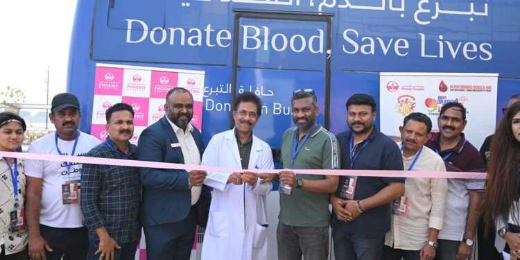 Representatives and participants gather at the Nammude Thrissur UAE blood donation drive and football tournament in Abu Dhabi.