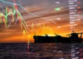 Crude oil tanker navigating open waters near maritime trade route