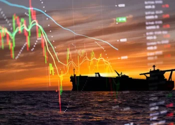 Crude oil tanker navigating open waters near maritime trade route