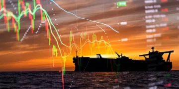 Crude oil tanker navigating open waters near maritime trade route