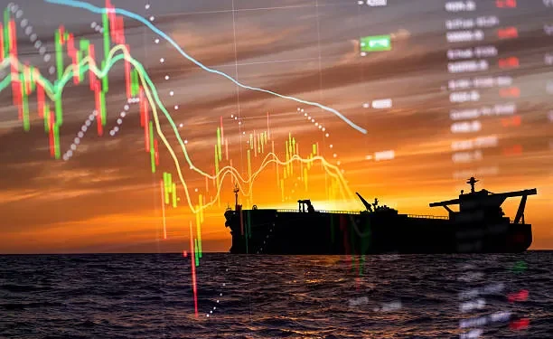 Crude oil tanker navigating open waters near maritime trade route
