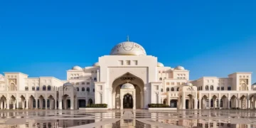 Exterior view of the ornate Qasr Al Watan presidential palace in Abu Dhabi, UAE.