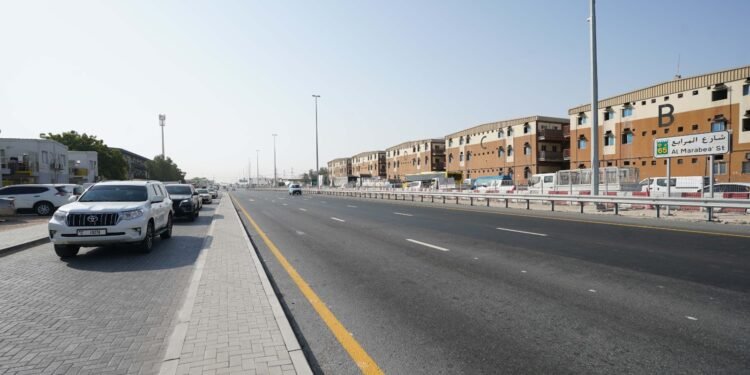 Expanded Al Marabea Street corridor in Dubai featuring newly constructed traffic lanes and street lighting.