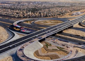 Aerial view of the newly opened four-lane RTA bridge at Al Qudra Road intersection in Dubai.