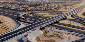 Aerial view of the newly opened four-lane RTA bridge at Al Qudra Road intersection in Dubai.