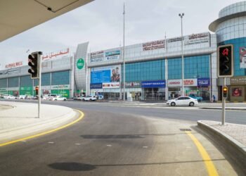 Overhead view of new service lanes and traffic flow on Latifa bint Hamdan Street in Dubai.