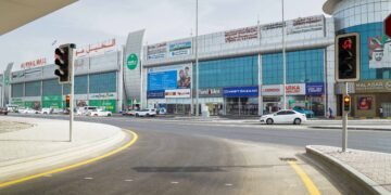 Overhead view of new service lanes and traffic flow on Latifa bint Hamdan Street in Dubai.