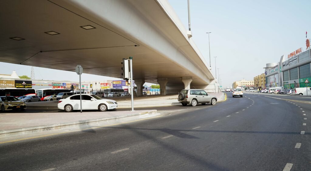 Overhead view of new service lanes and traffic flow on Latifa bint Hamdan Street in Dubai.