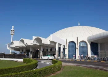 Exterior view of Sharjah International Airport passenger terminal in the United Arab Emirates