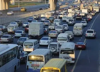 Traffic on a busy UAE highway during the morning rush hour.